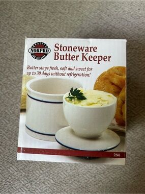 NEW Stoneware Butter Keeper - White with Blue Trim Lidded Crock